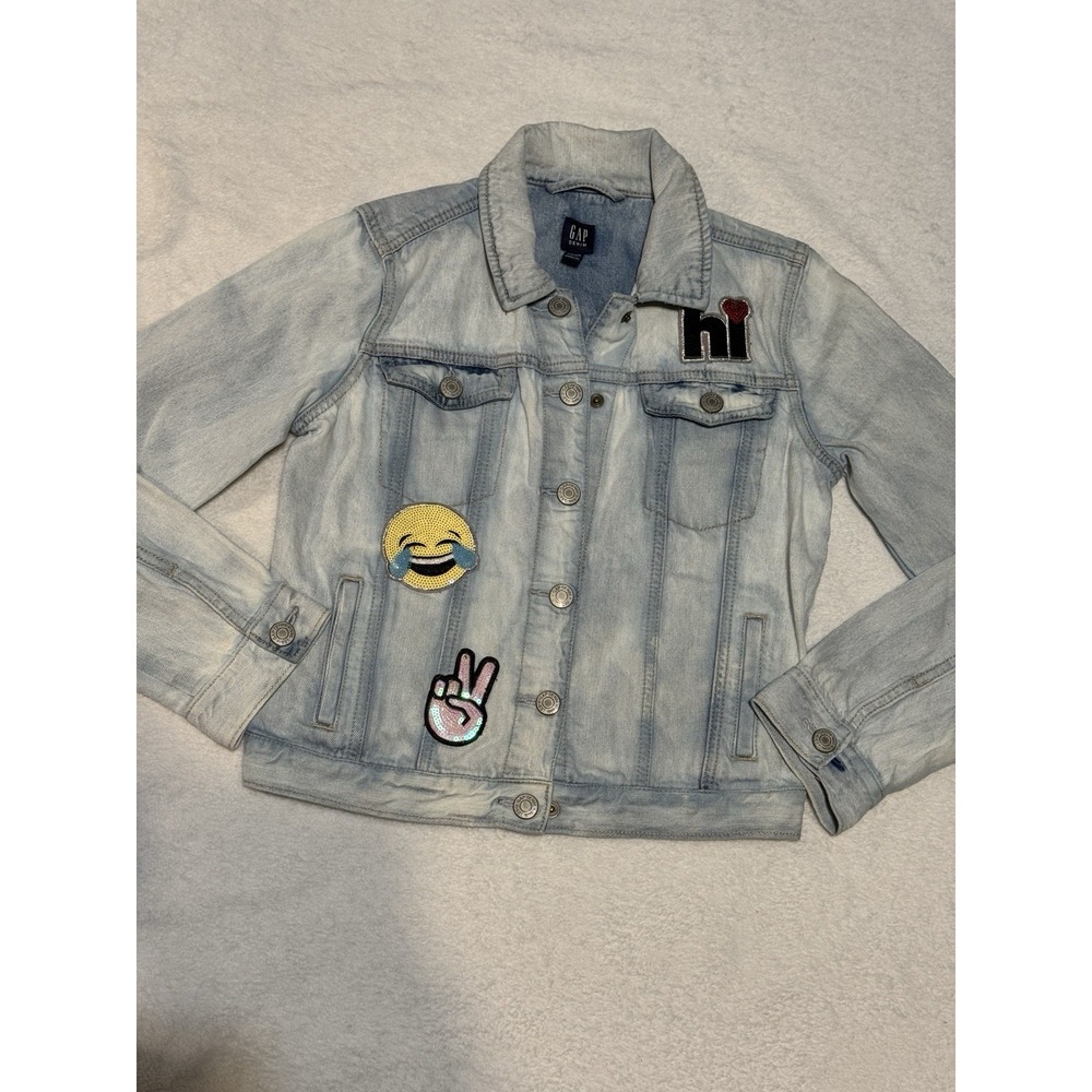 Gap Kids XL Emoji Patch Denim Jacket Light Wash Girl‎ 12-13Y Sequin Fun SPR18